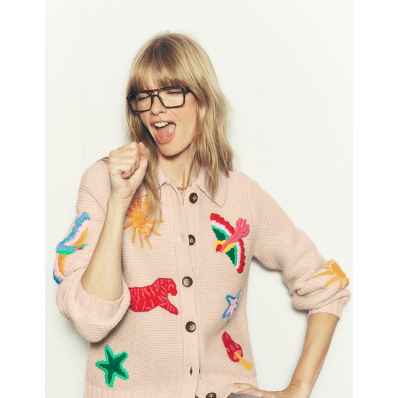 Boden Embroidered Collared Cardigan Medium Ecru Marl New With Tags - Picture 7 of 12